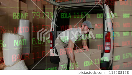 Image of data processing over man packing boxes into car 115388158