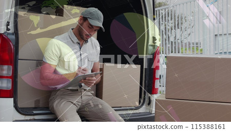 Image of data processing over man packing boxes into car Image of data processing over man packing boxes into car 115388161