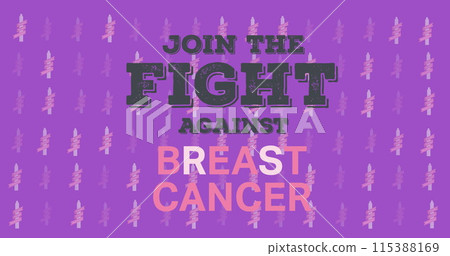Image of breast cancer awareness text with pink ribbon on purple background 115388169