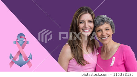 Image of anchor with pink ribbon over smiling caucasian women on purple background 115388183