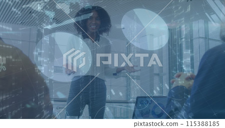 Image of financial data and graphs over african american businesswoman making presentation Image of financial data and graphs over african american businesswoman making presentation 115388185