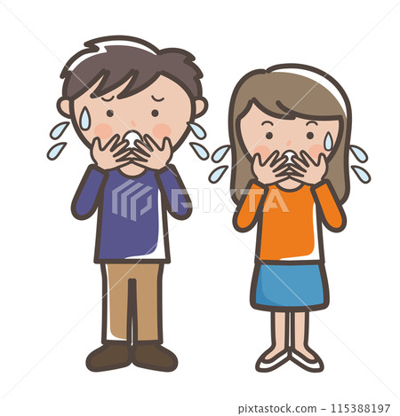 Full-body illustration of a young man and woman covering their mouths with both hands in a panic Full-body illustration of a young man and woman covering their mouths with both hands in a panic 115388197