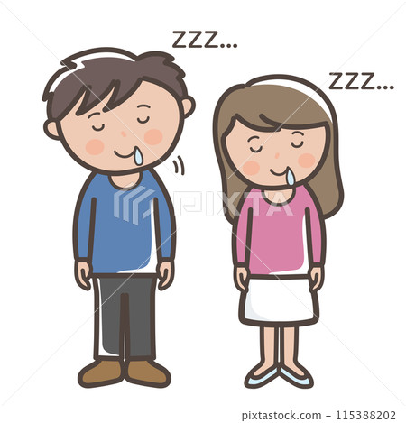 Full-body illustration of a young man and woman falling asleep while standing 115388202