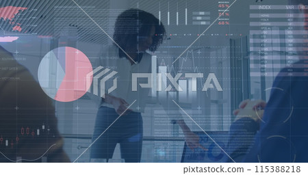 Image of financial data and graphs over african american businesswoman making presentation Image of financial data and graphs over african american businesswoman making presentation 115388218