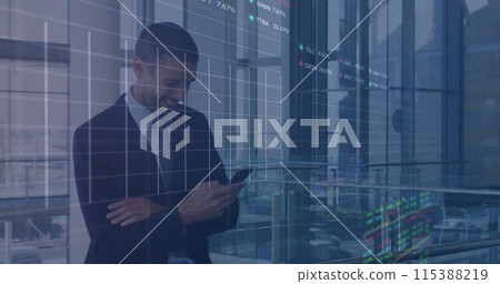 Image of financial data and graphs over caucasian businessman using smartphone Image of financial data and graphs over caucasian businessman using smartphone 115388219