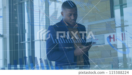 Image of financial data and graphs over african american businessman using smartphone Image of financial data and graphs over african american businessman using smartphone 115388224