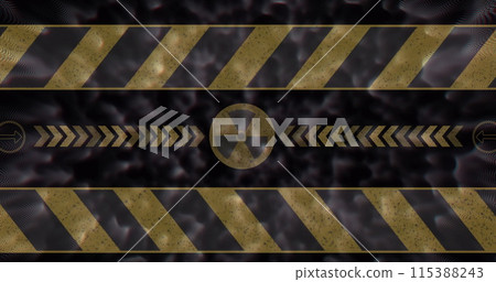 Image of radioactive symbol over shapes on black background 115388243