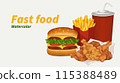 Fast food watercolor set, Hamburger, hot dog,  french fries, for restaurant design. Vector illustration 115388489