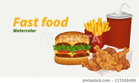 Fast food watercolor set, Hamburger, hot dog, french fries, for restaurant design. Vector illustration Fast food watercolor set, Hamburger, hot dog, french fries, for restaurant design. Vector illustration 115388489