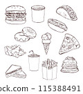 Sketch fast food illustration, vector illustration, restaurant, Hamburger, hot dog,  french fries, noodles, pizza and others for takeaway design. 115388491