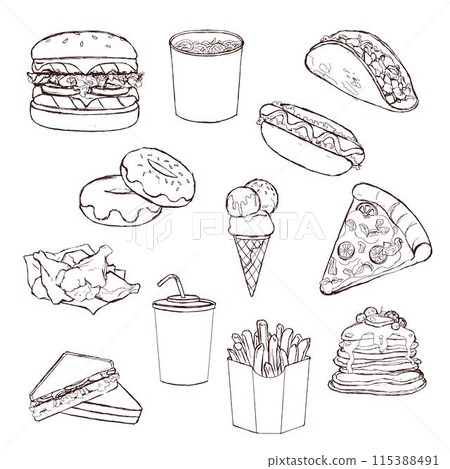 Sketch fast food illustration, vector illustration, restaurant, Hamburger, hot dog,  french fries, noodles, pizza and others for takeaway design. 115388491