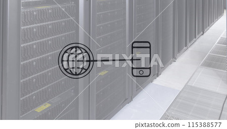 Image of globe and smartphone icons over servers Image of globe and smartphone icons over servers 115388577