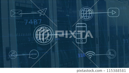 Image of tech icons over servers 115388581