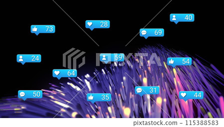 Image of social media reactions over pink and blue lights on black background Image of social media reactions over pink and blue lights on black background 115388583