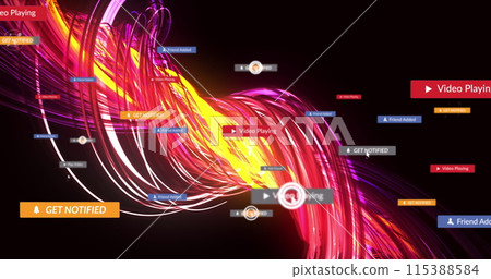 Image of social media reactions over red and yellow lines on black background 115388584