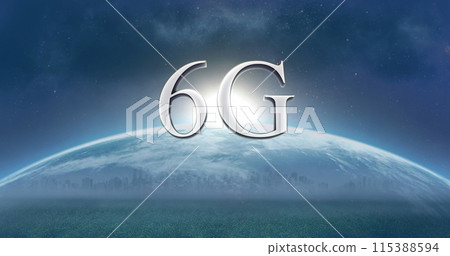 Image of 6g text over globe on blue background 115388594
