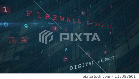 Image of cyber attack data processing over modern building background 115388601