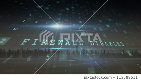 Image of cyber attack warning and data processing over cityscape background 115388611