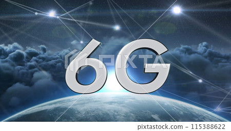 Image of 6g text over globe with network of connections on blue background 115388622