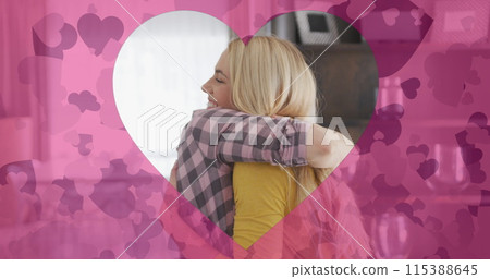 Image of heart shapes over happy caucasian mother and adult daughter hugging at home Image of heart shapes over happy caucasian mother and adult daughter hugging at home 115388645
