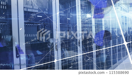 Image of mathematical equations and data processing over grid network against computer servers Image of mathematical equations and data processing over grid network against computer servers 115388690