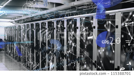 Image of mathematical equations and data processing against empty computer server room 115388701
