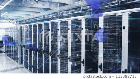 Image of statistics, mathematical equations and data processing over computer servers 115388715