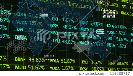 Image of financial data processing and world map over black background 115388717