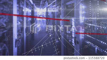 Image of mathematical equations and data processing over computer servers 115388720