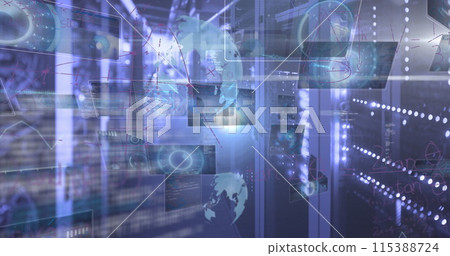 Image of scopes on screens, mathematical equations and data processing over computer servers 115388724