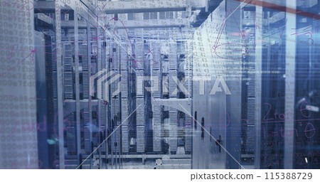 Image of mathematical equations and data processing over computer servers Image of mathematical equations and data processing over computer servers 115388729