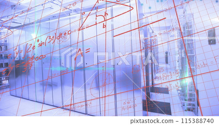 Image of mathematical equations and data processing over computer servers 115388740