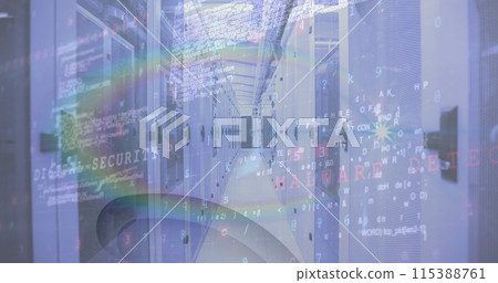 Image of data processing over tech room with computer servers Image of data processing over tech room with computer servers 115388761
