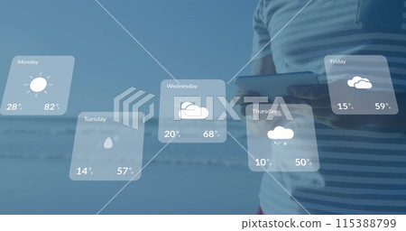 Image of weather forecast over caucasian man using tablet 115388799