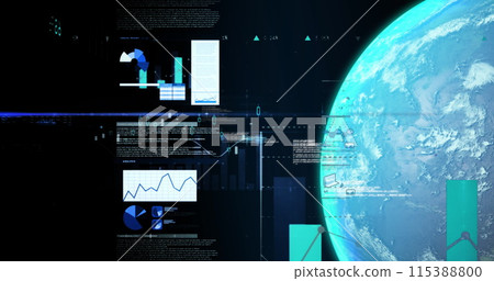 Image of graphs, data and globe on black background Image of graphs, data and globe on black background 115388800