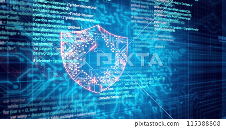 Image of data, digital shield and integrated circuit on blue background Image of data, digital shield and integrated circuit on blue background 115388808
