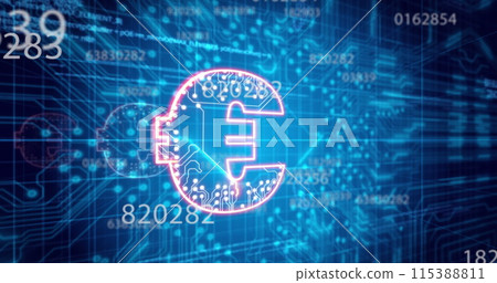Image of numbers and euro over blue background with integrated circuit Image of numbers and euro over blue background with integrated circuit 115388811