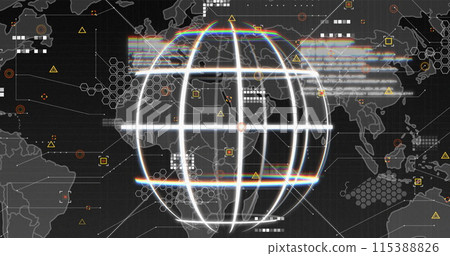 Image of data, world map, connections and globe on black background 115388826