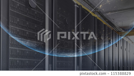 Image of a globe against computer server room 115388829