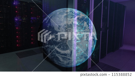 Image of a globe against computer server room 115388852