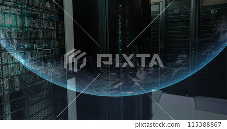 Image of a globe against computer server room Image of a globe against computer server room 115388867