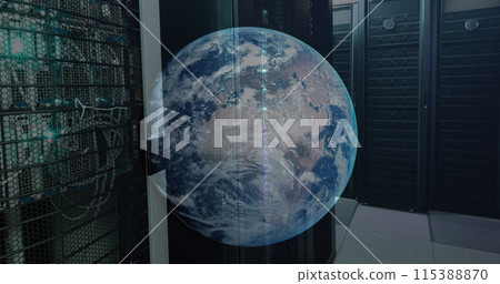 Image of a globe against computer server room 115388870