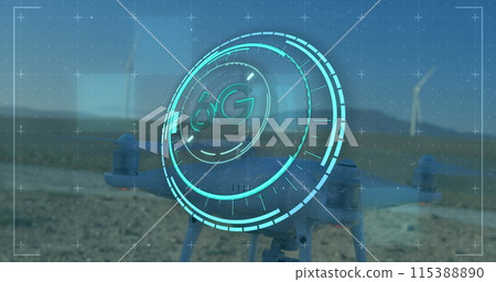 Image of 6g text over data processing and drone 115388890