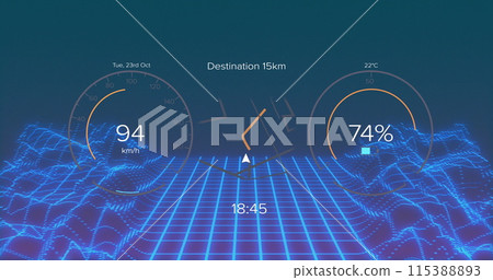 Image of interface with charging battery icon and speedometer over moving shapes Image of interface with charging battery icon and speedometer over moving shapes 115388893