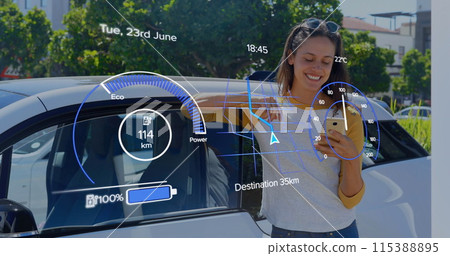 Image of interface with charging battery icon and speedometer over woman with smartphone Image of interface with charging battery icon and speedometer over woman with smartphone 115388895