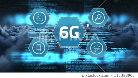 Image of 6g text over data processing and clouds Image of 6g text over data processing and clouds 115388903