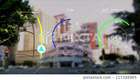 Image of interface with charging battery icon and speedometer over cityscape 115388905