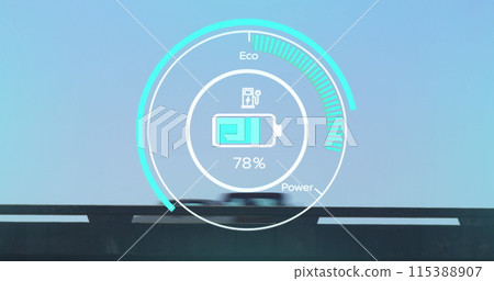 Image of interface with charging battery icon and speedometer over road Image of interface with charging battery icon and speedometer over road 115388907