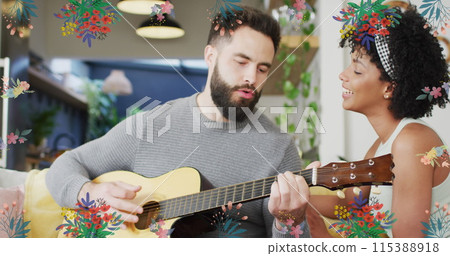 Image of flowers over happy diverse couple playing guitar together Image of flowers over happy diverse couple playing guitar together 115388918