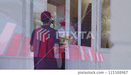 Image of data processing over caucasian woman with face mask taking vegetables Image of data processing over caucasian woman with face mask taking vegetables 115388987
